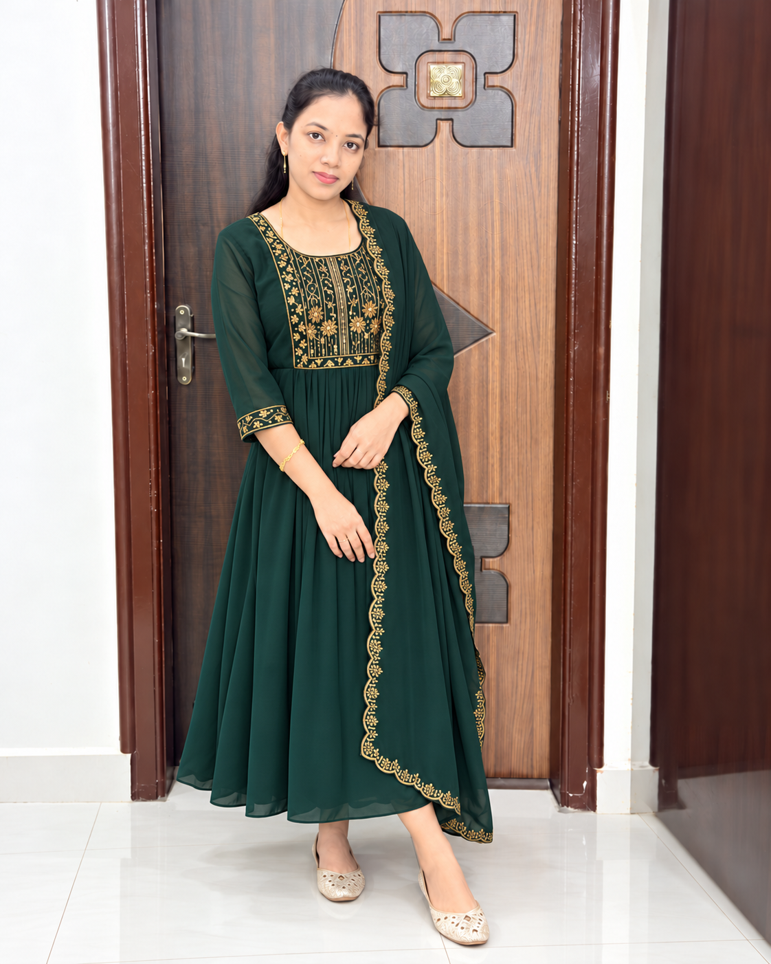 Feeding Georgette Party Wear Maxi With shawl-Bottle Green