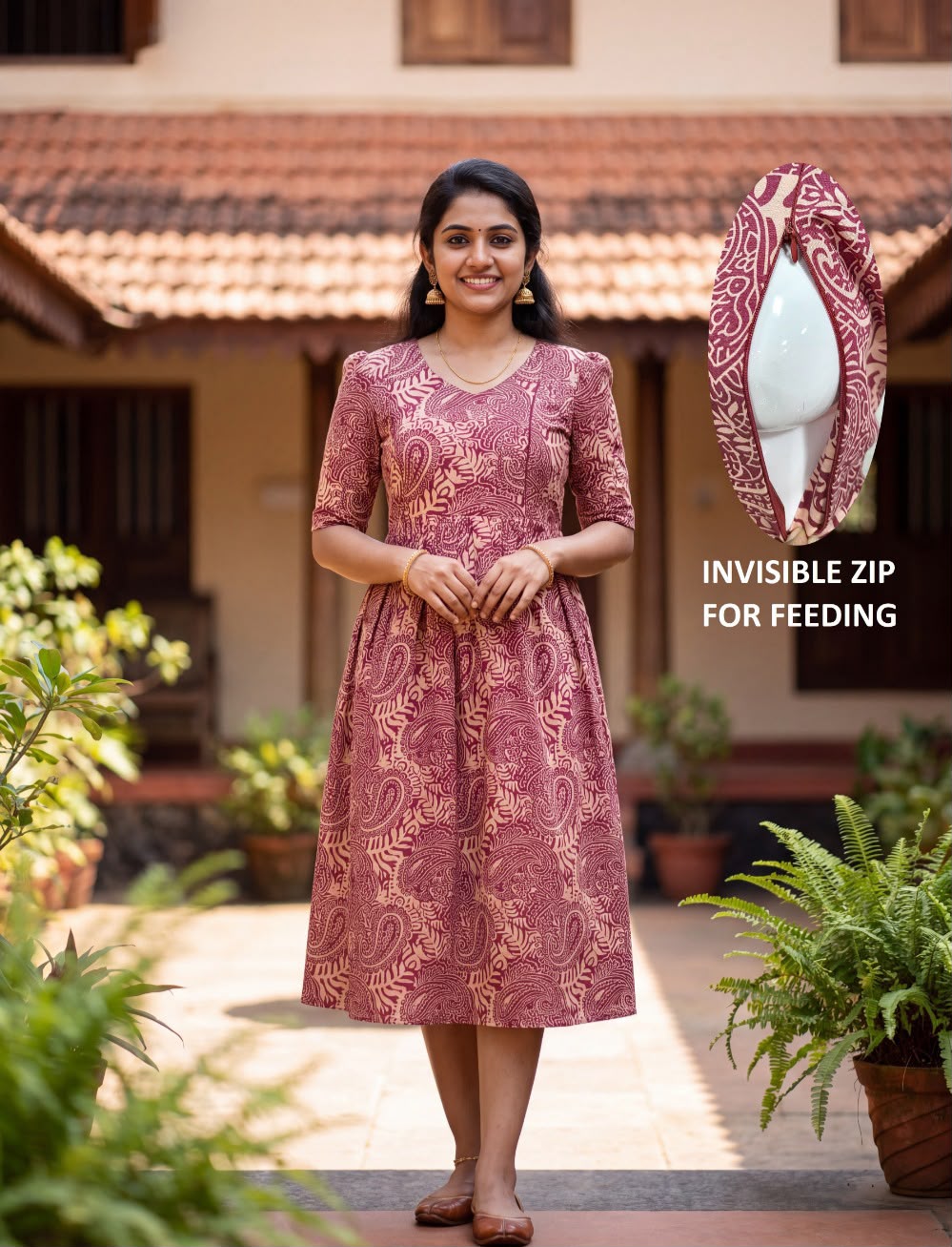 Feeding Handloom Cotton Kalamkari Maxi-Maroon