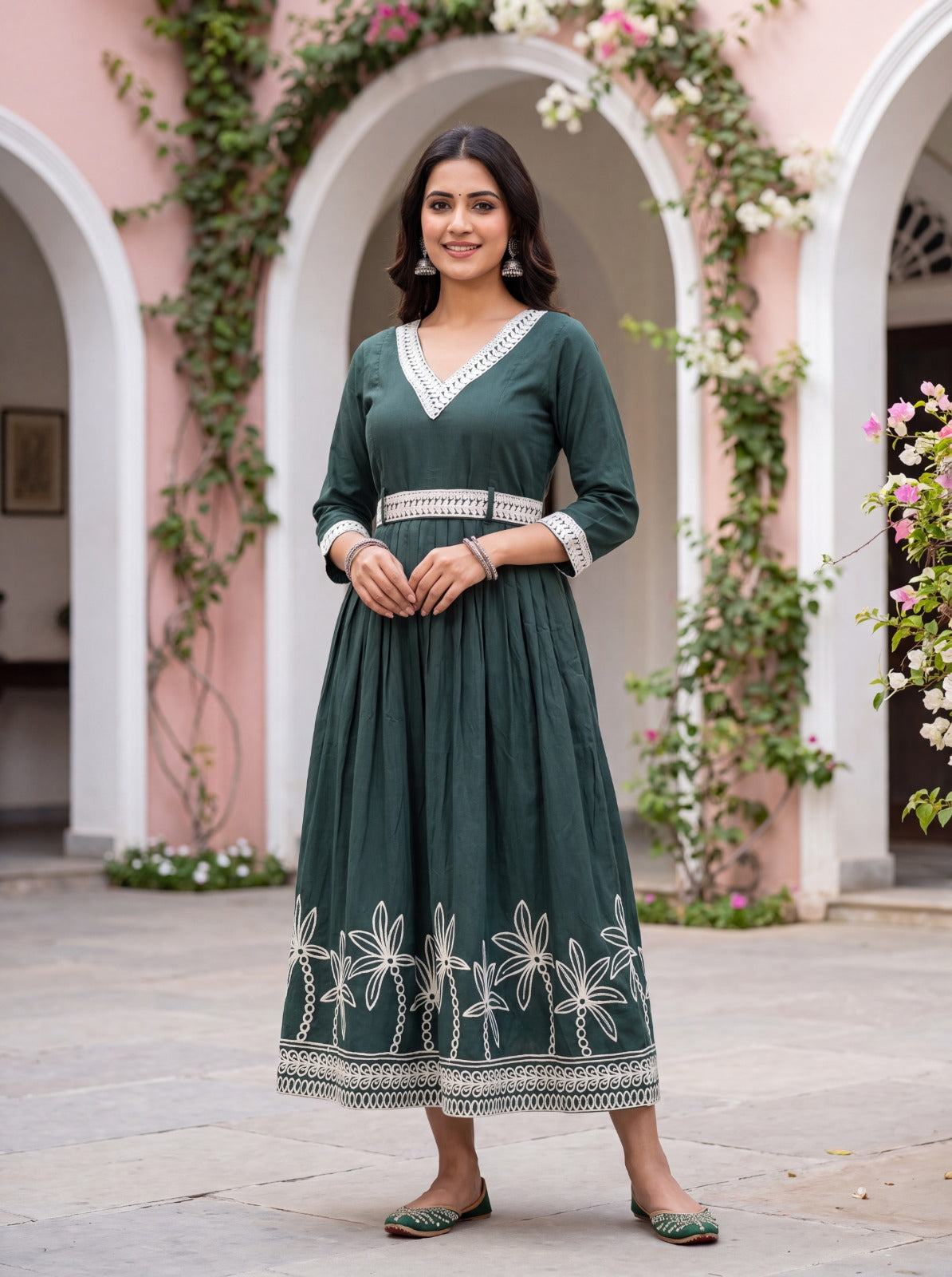 Feeding Dhabu Cotton Maxi With Embroidery Work -Green