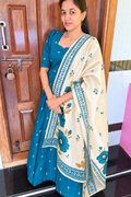 Raw Silk Feeding Maxi With Shawl-Teal Blue