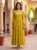 Trending 3 Tier Georgette Maxi-Mehandi Green