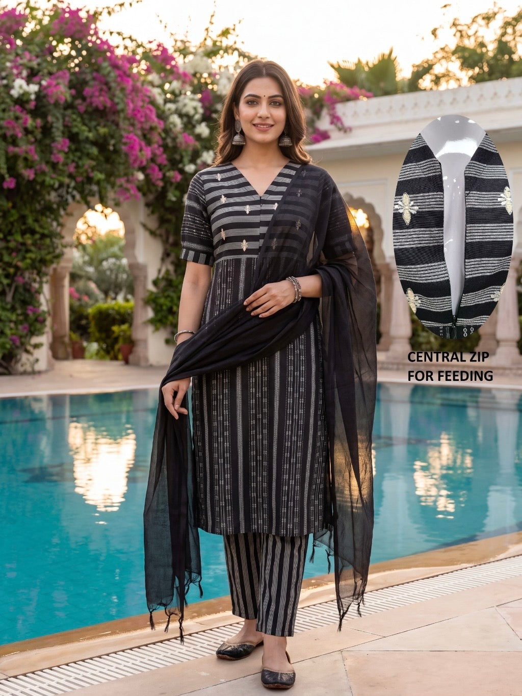 Pure Cotton Center Zip Kurta Set-Black