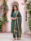 Pure Cotton Center Zip Kurta Set-Green