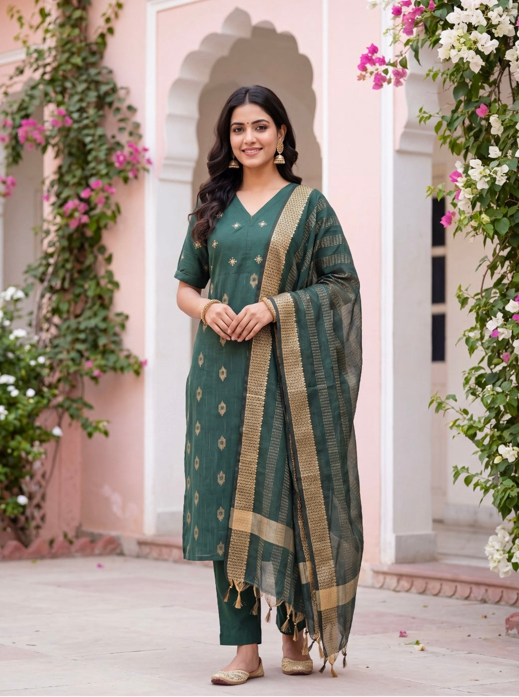 Pure Cotton Center Zip Kurta Set-Green