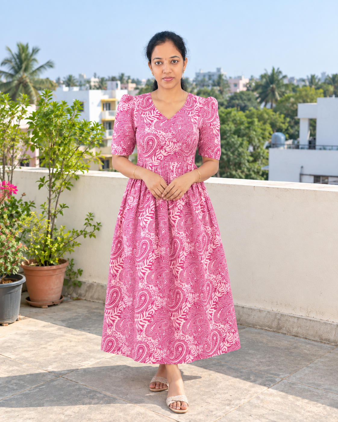 Feeding Handloom Cotton Kalamkari Maxi-Pink