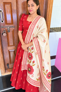 Raw Silk Feeding Maxi With Shawl-Red