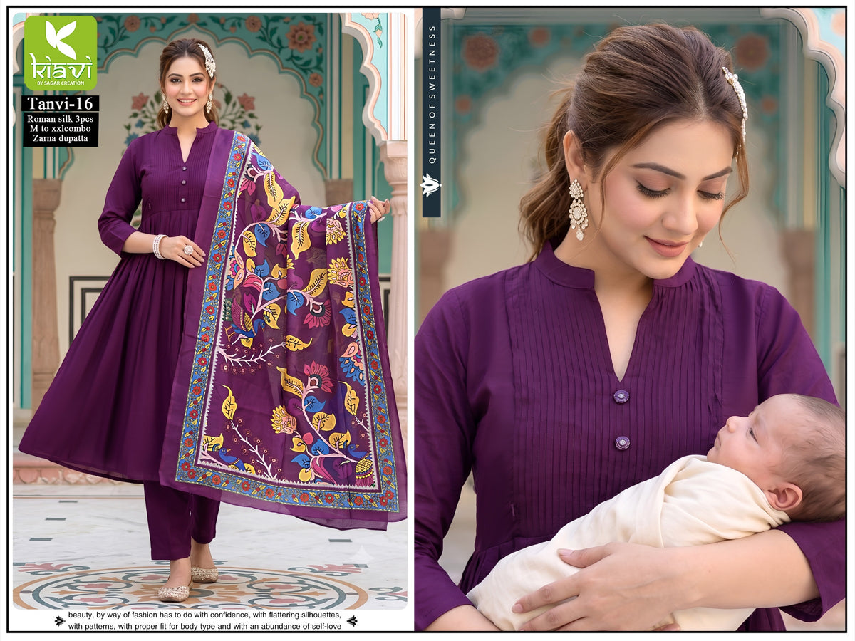 Roman Silk Kurta Set With Kalamkari Dupatta-Wine