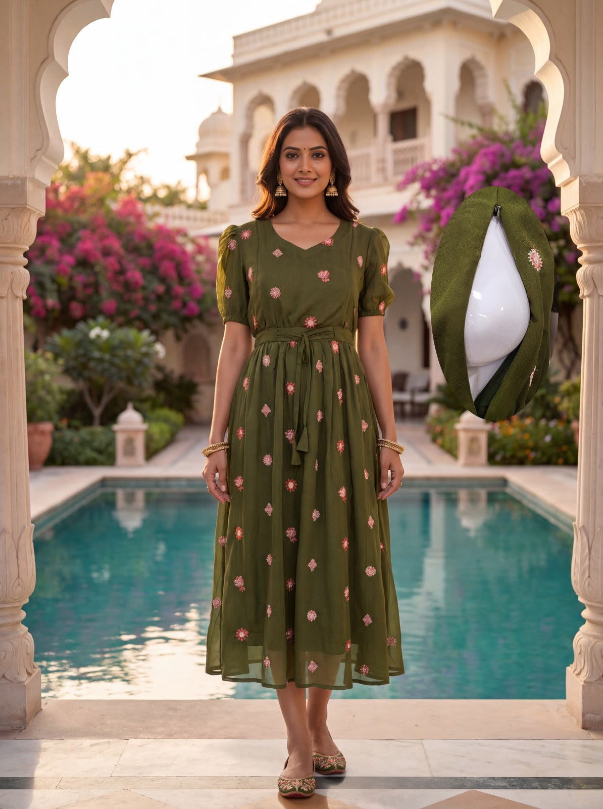 Georgette Feeding Maxis with Embroidery Work-Green