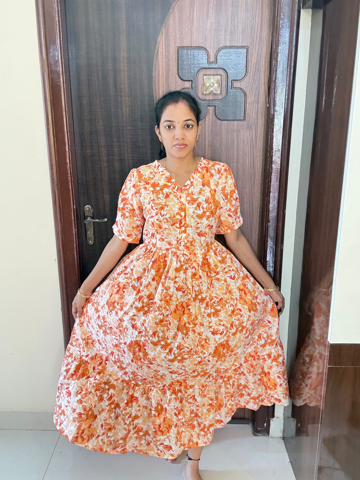 Feeding Handloom Cotton Maxi -Orange