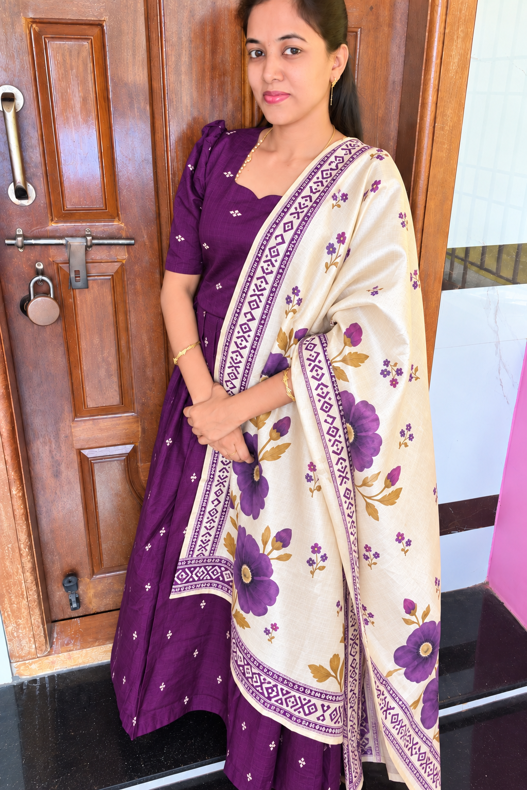 Raw Silk Feeding Maxi With Shawl-Dark Violet