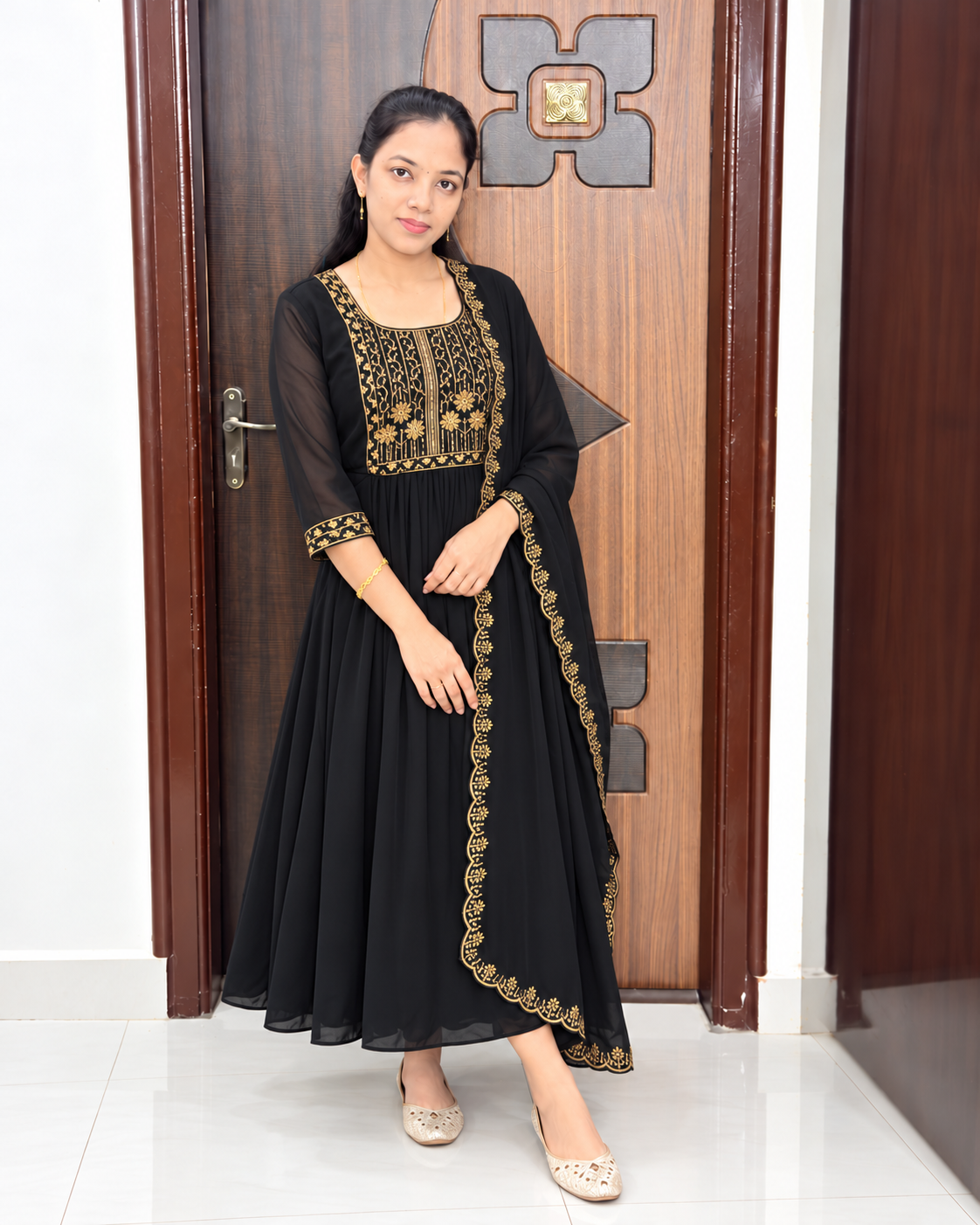 Feeding Georgette Party Wear Maxi With shawl-Black