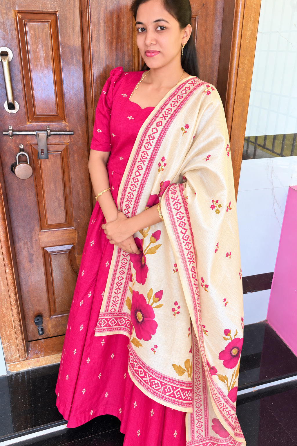 Raw Silk Feeding Maxi With Shawl-Pink