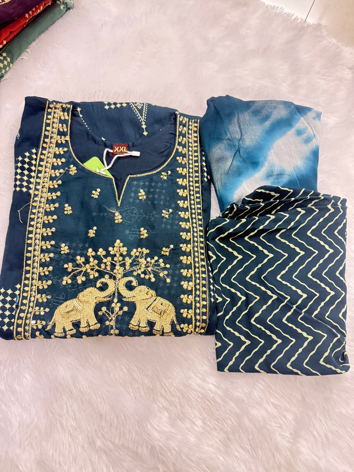Party Wear 3Pc Set -Heavy Two Ton Fabric-Elephant -Green