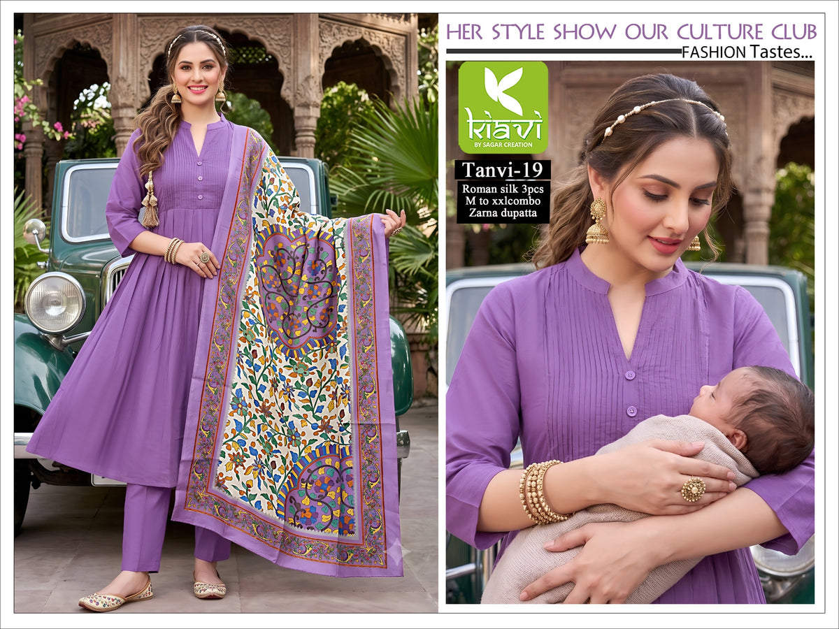 Roman Silk Kurta Set With Kalamkari Dupatta-Lavender