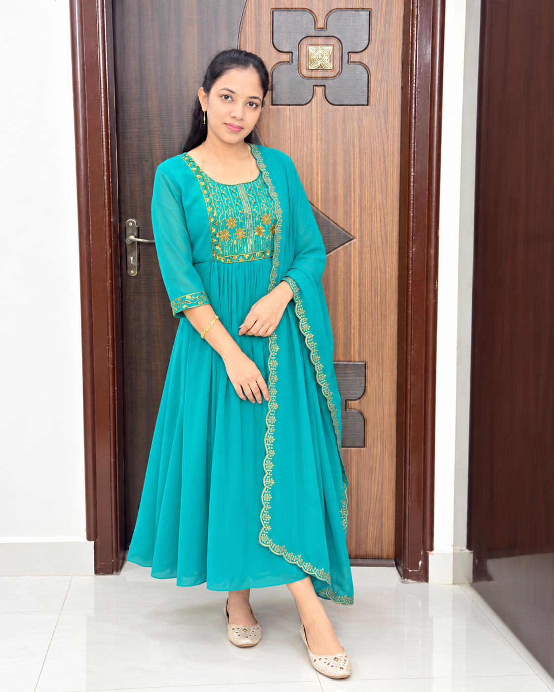 Feeding Georgette Party Wear Maxi With shawl-Sky Blue