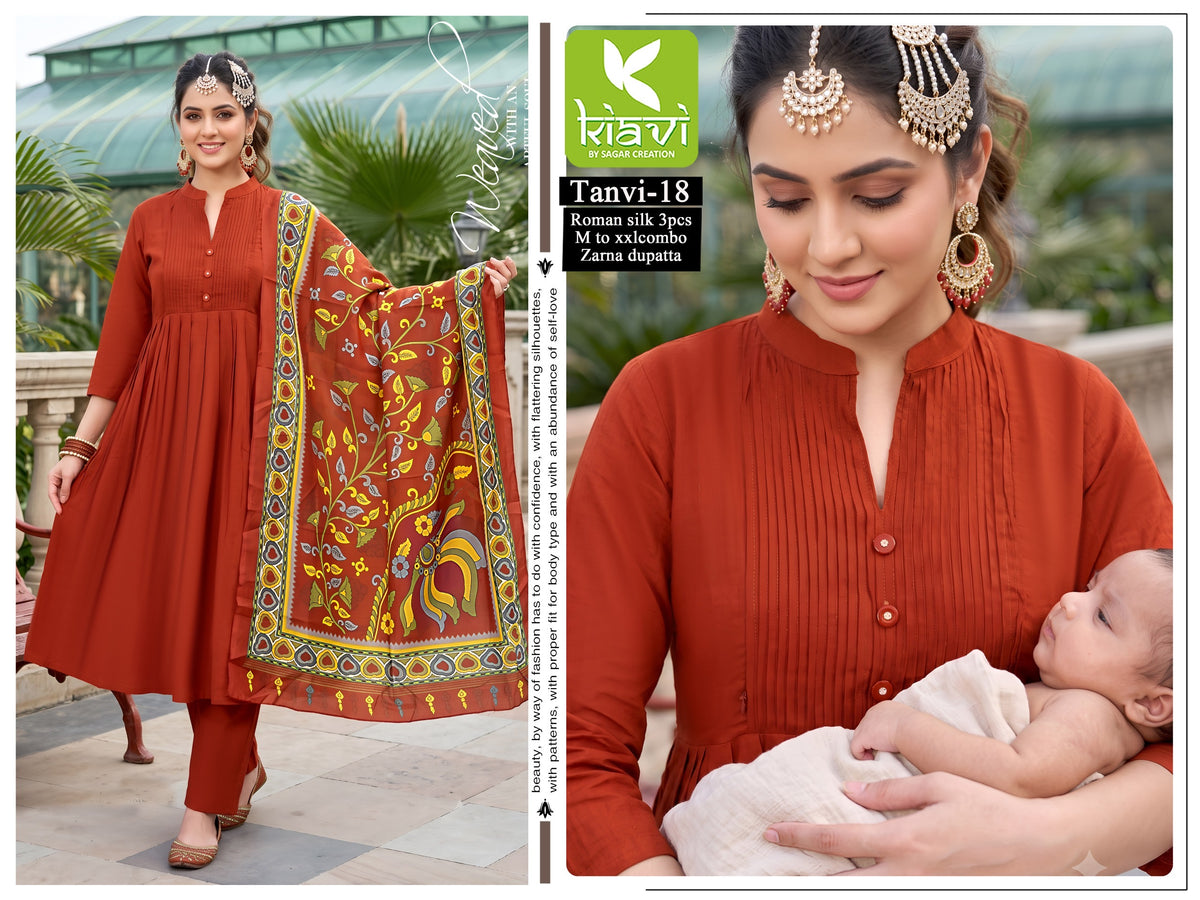 Roman Silk Kurta Set With Kalamkari Dupatta-Rust Orange