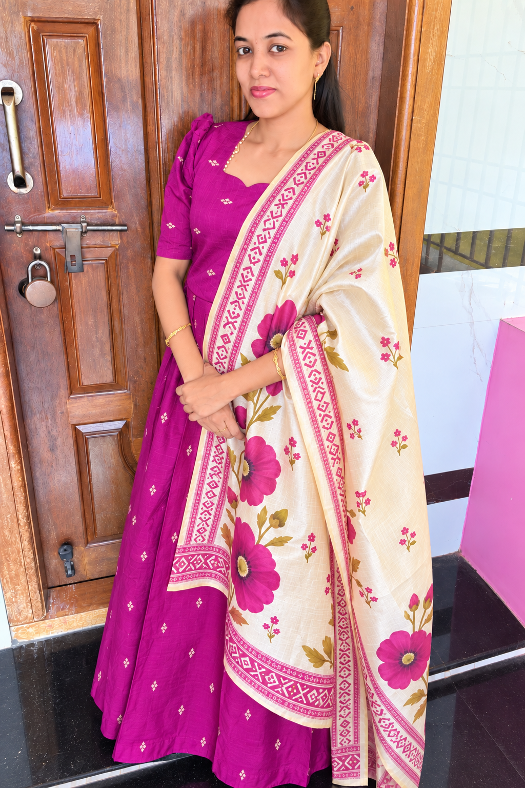 Raw Silk Feeding Maxi With Shawl-Rani Pink