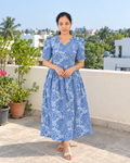 Feeding Handloom Cotton Kalamkari Maxi-Sky Blue