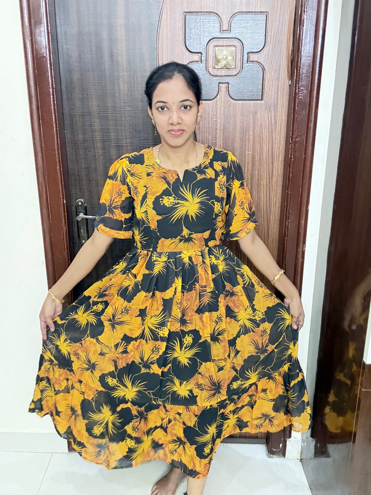 Feeding 2 Tier Georgette Maxi-Yellow Floral