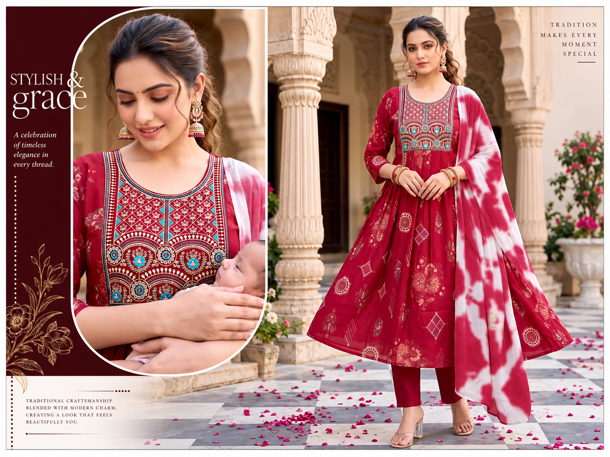 Feeding Party Wear Kurta Set-Red