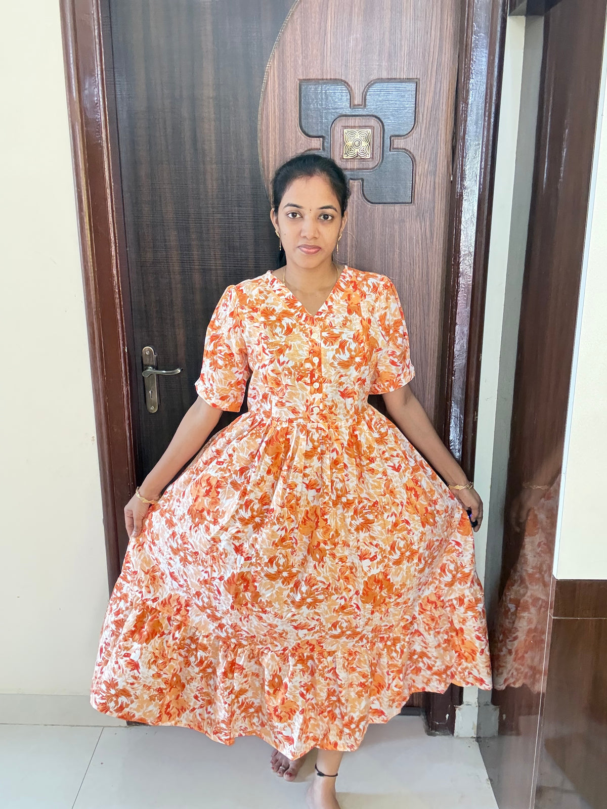 Feeding Handloom Cotton Maxi -Orange