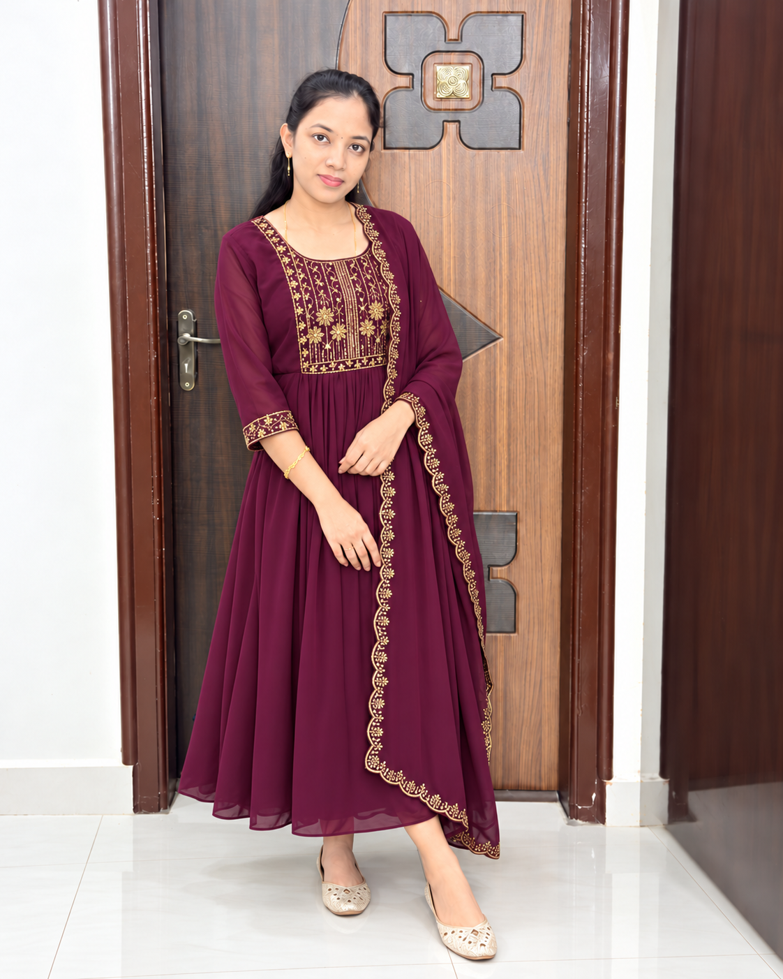 Feeding Georgette Party Wear Maxi With shawl-wine color
