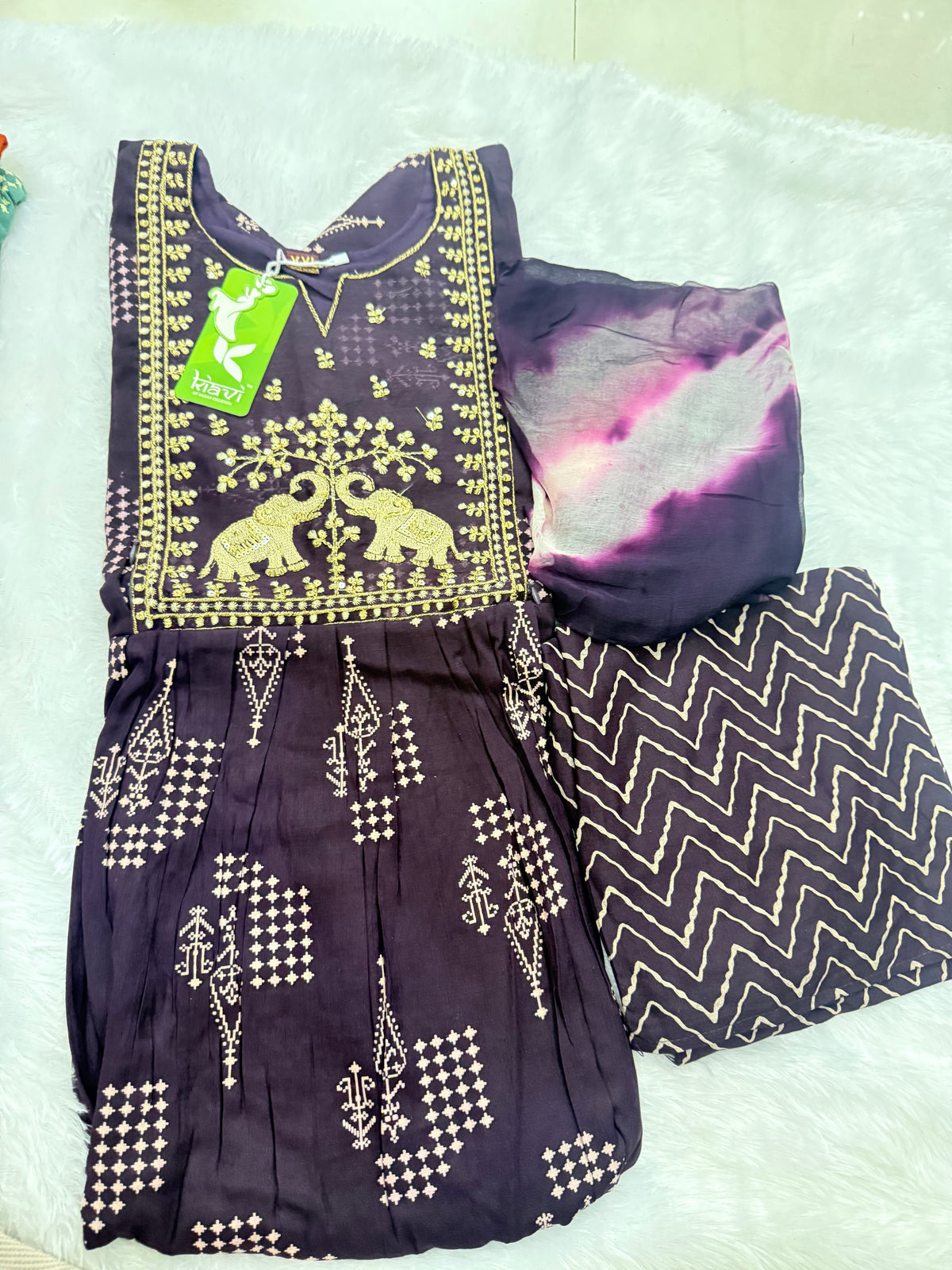 Party Wear 3Pc Set -Heavy Two Ton Fabric-Elephant -Green