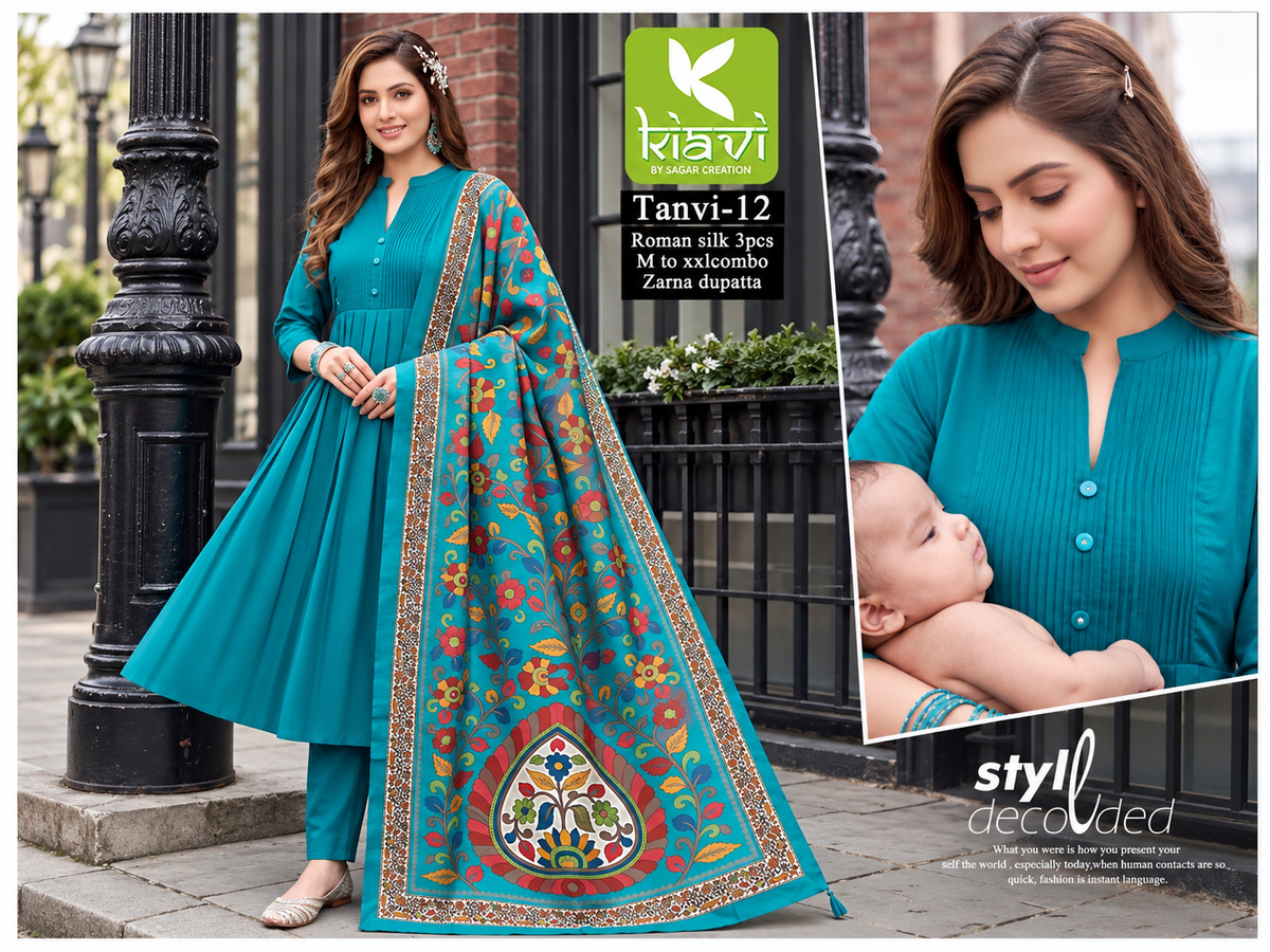 Roman Silk Kurta Set With Kalamkari Dupatta-Sky Blue