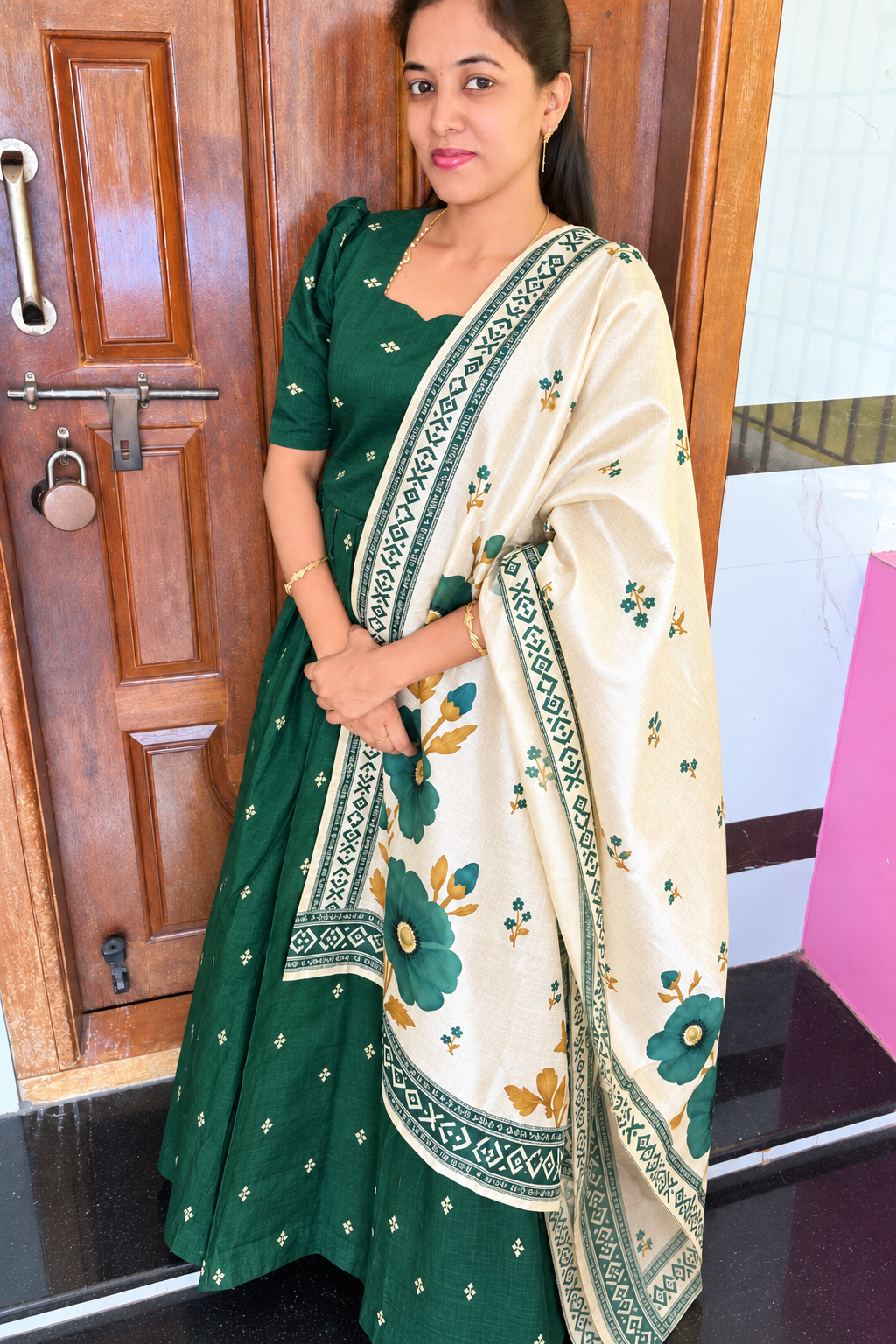 Raw Silk Feeding Maxi With Shawl-Bottle Green