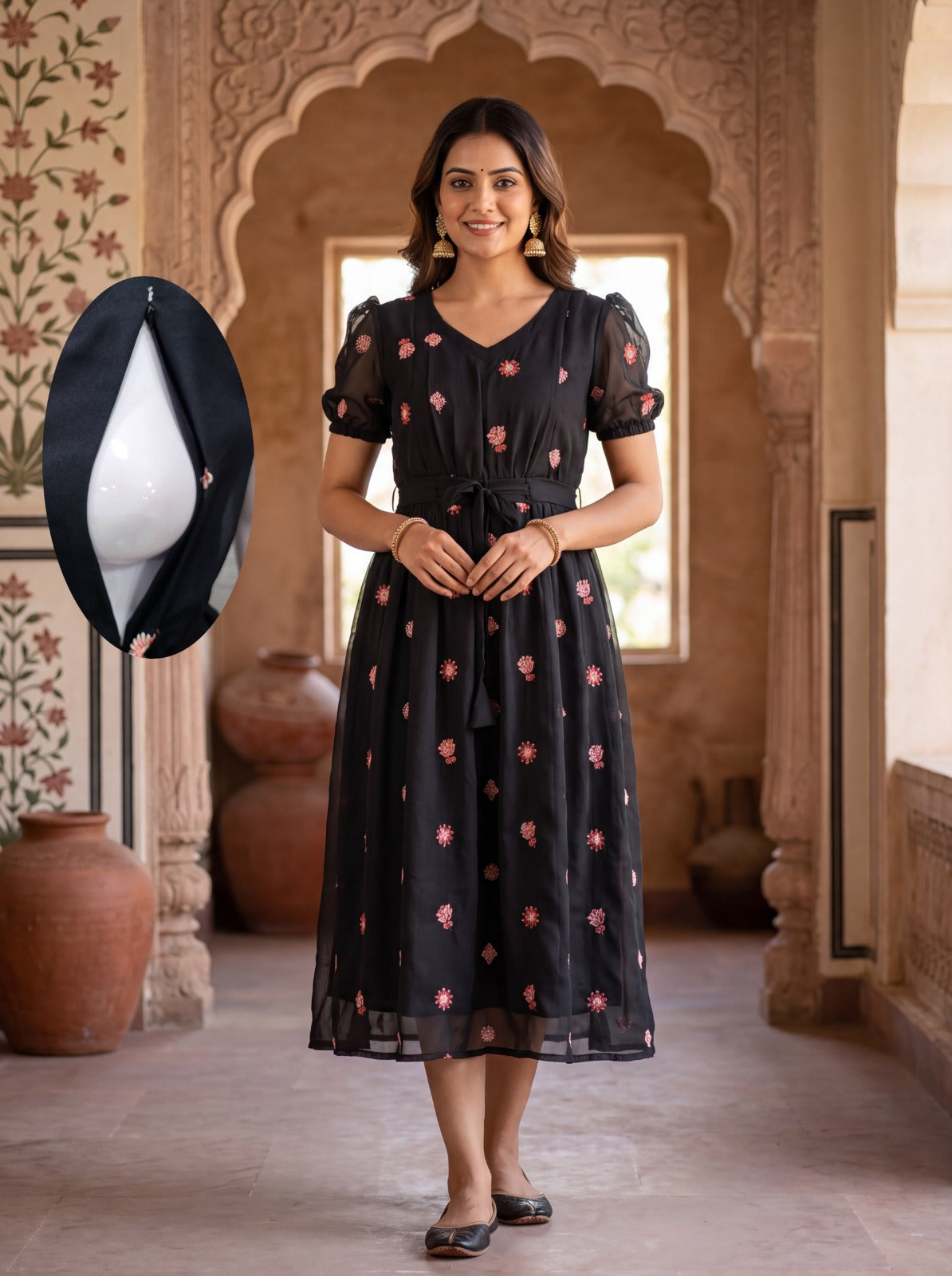 Georgette Feeding Maxis with Embroidery Work-Black