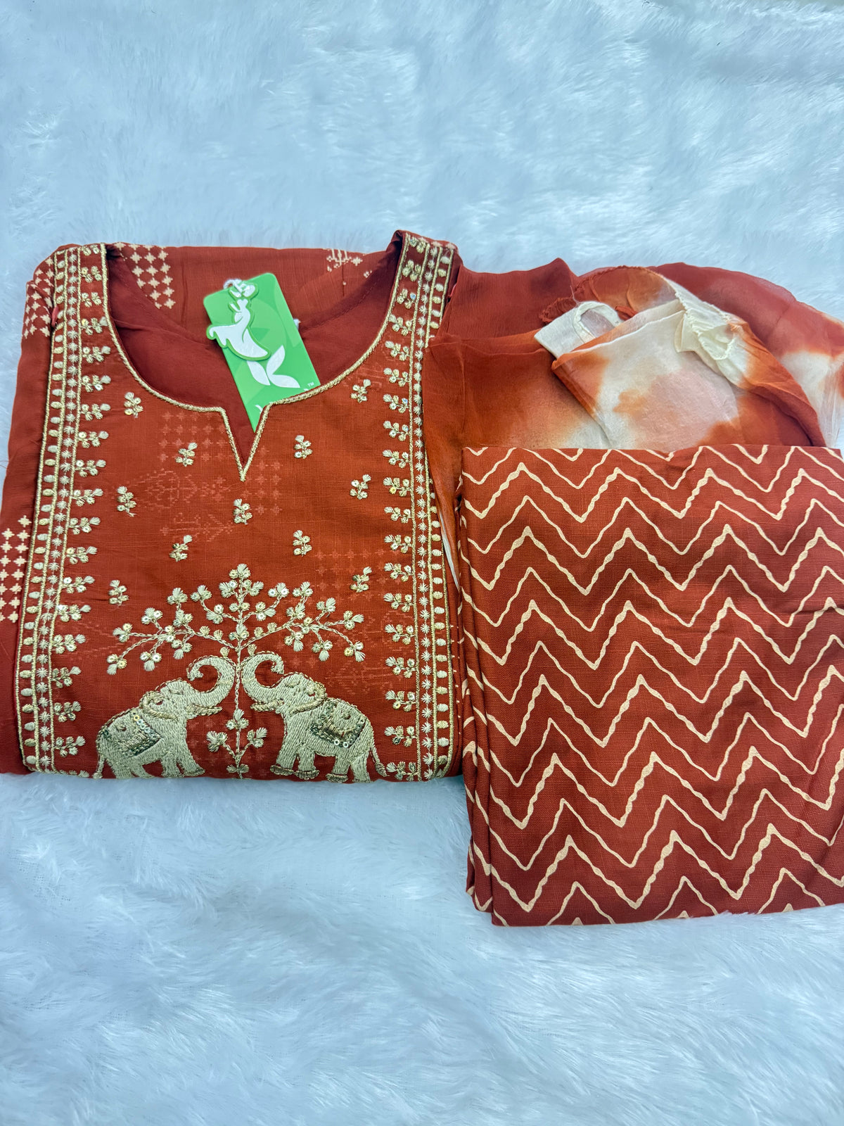 Party Wear 3Pc Set -Heavy Two Ton Fabric-Elephant -Green