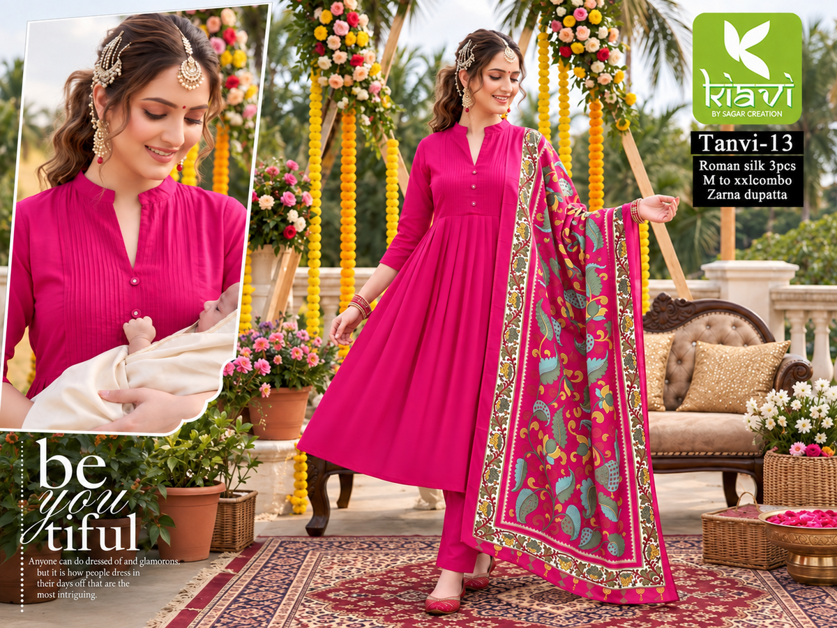 Roman Silk Kurta Set With Kalamkari Dupatta-Rani Pink