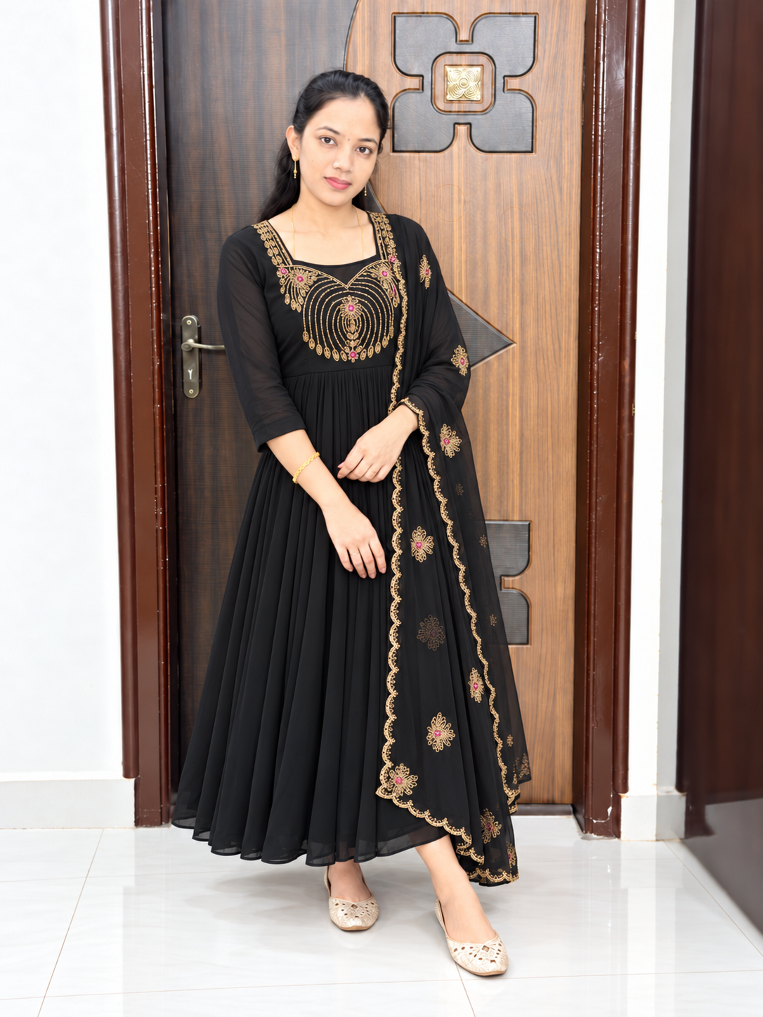 Feeding Georgette Party Wear Maxi With shawl-Black