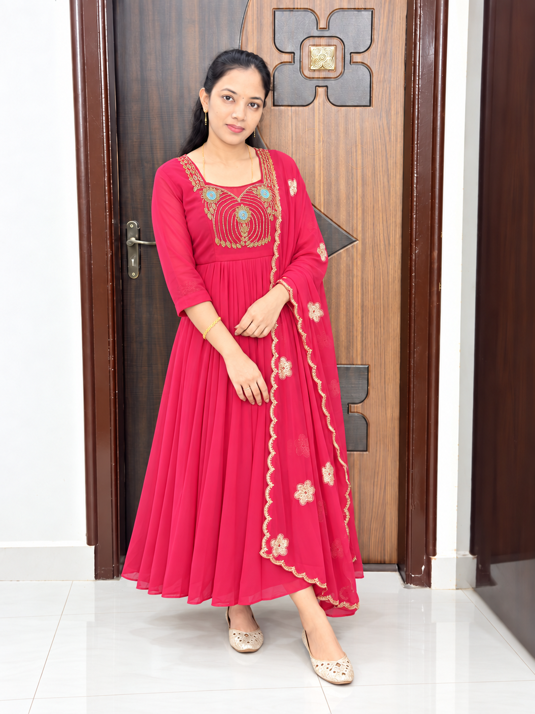 Feeding Georgette Party Wear Maxi With shawl-Red