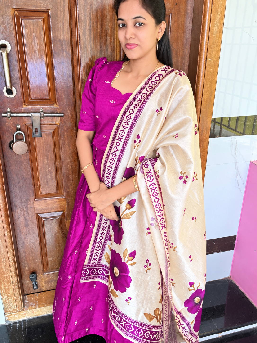 Raw Silk Feeding Maxi With Shawl-Magenta