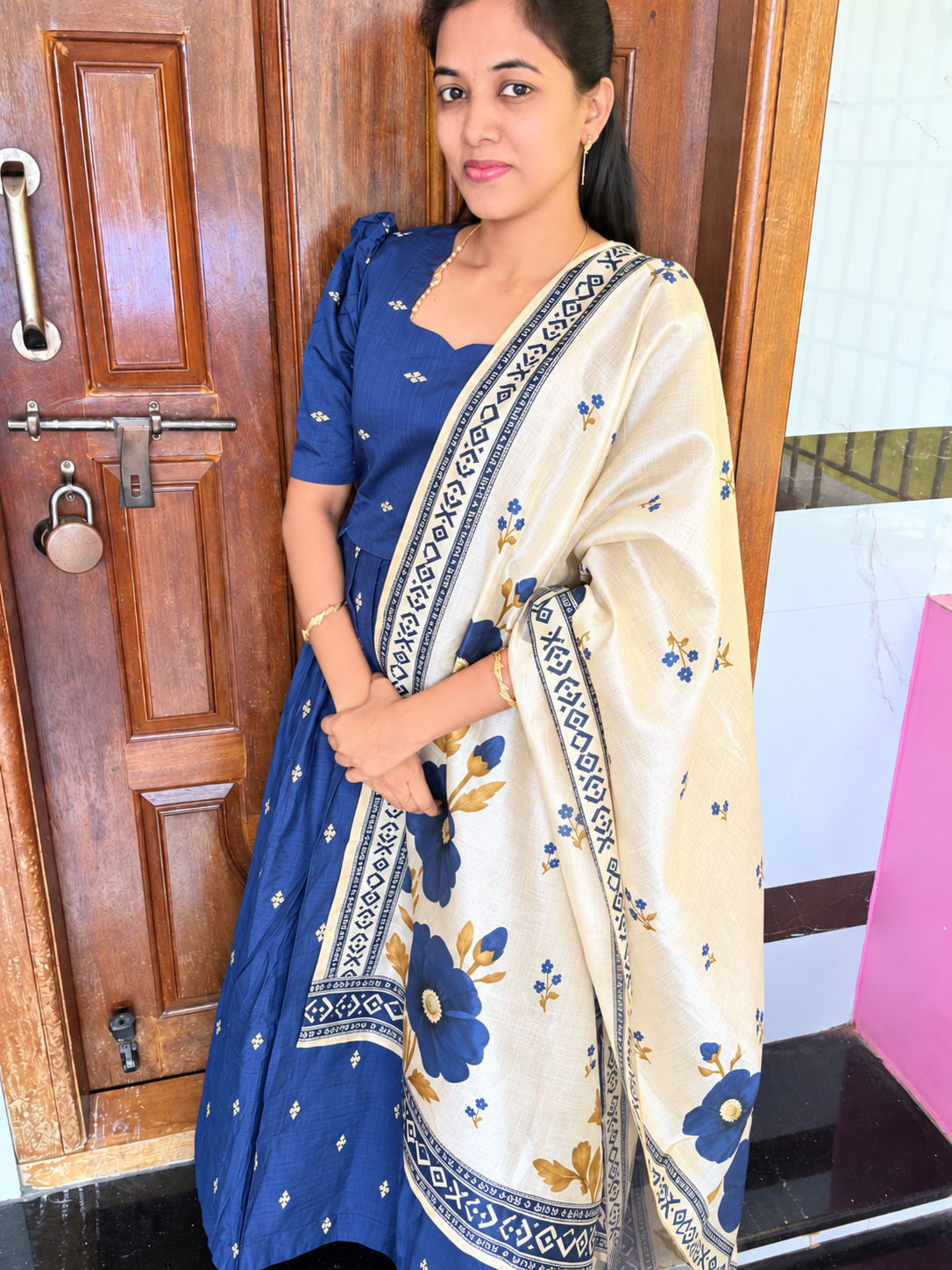 Raw Silk Feeding Maxi With Shawl-Navy Blue