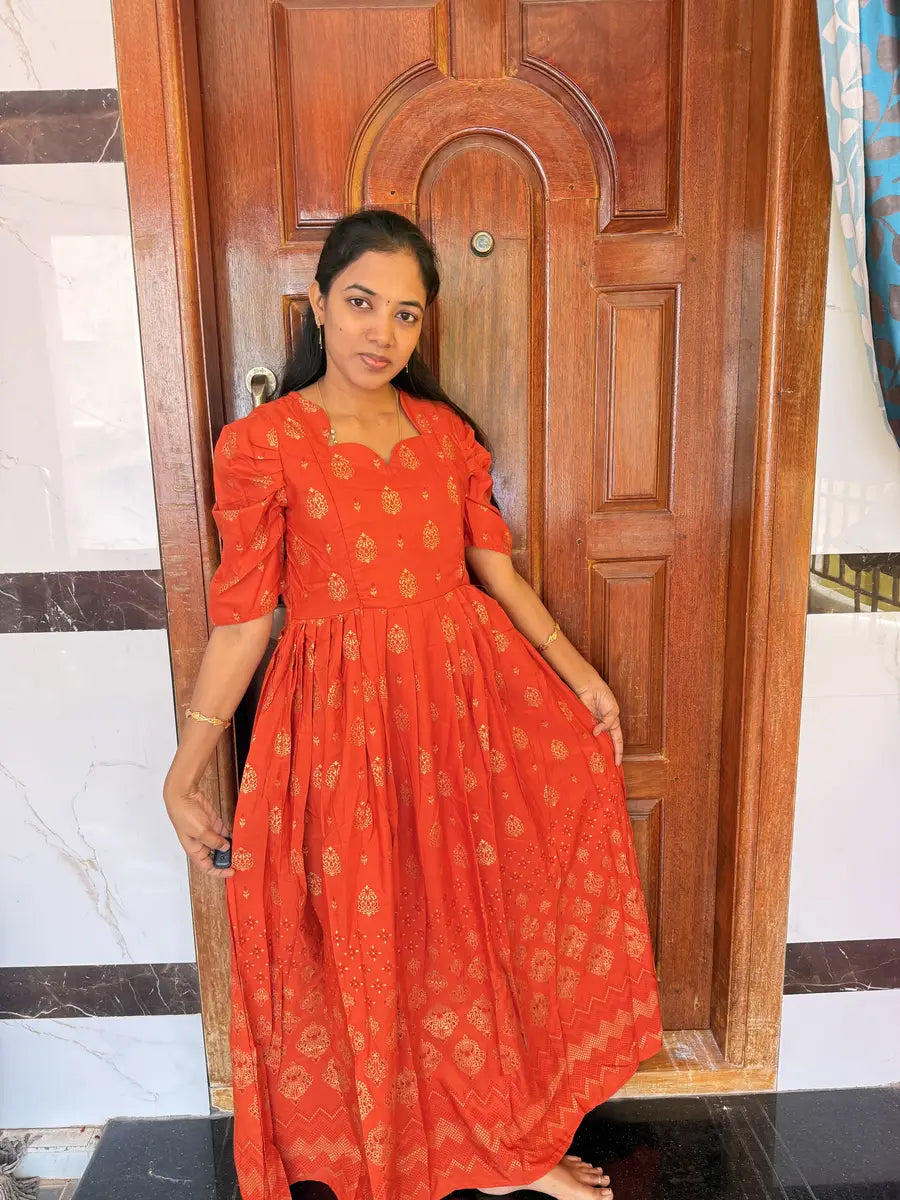 Rust Orange Long Feeding Maxi-Mixed Cotton