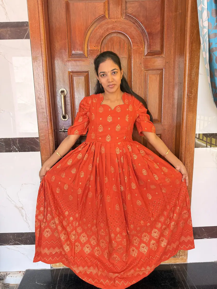 Rust Orange Long Feeding Maxi-Mixed Cotton