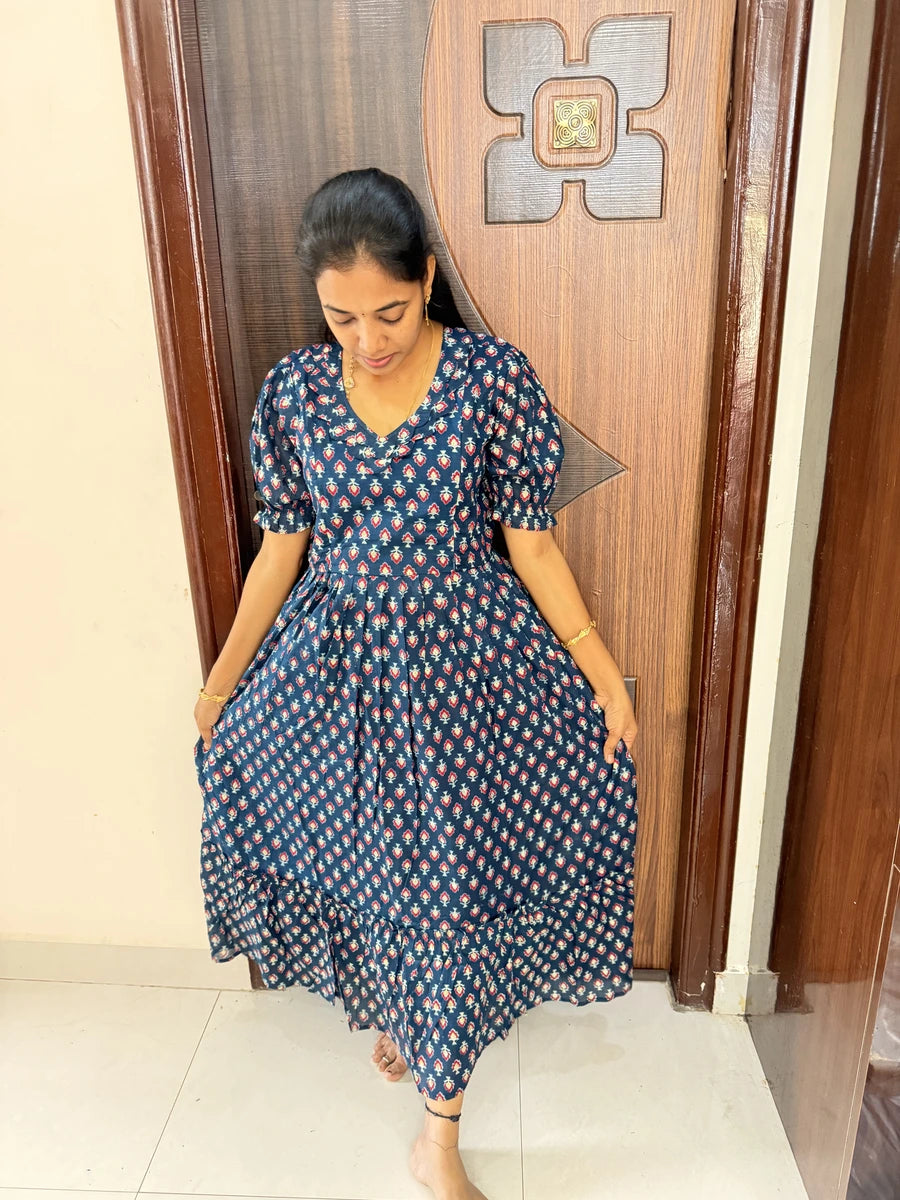 Stylish Cotton Maxi With Full Lining-Navy Blue