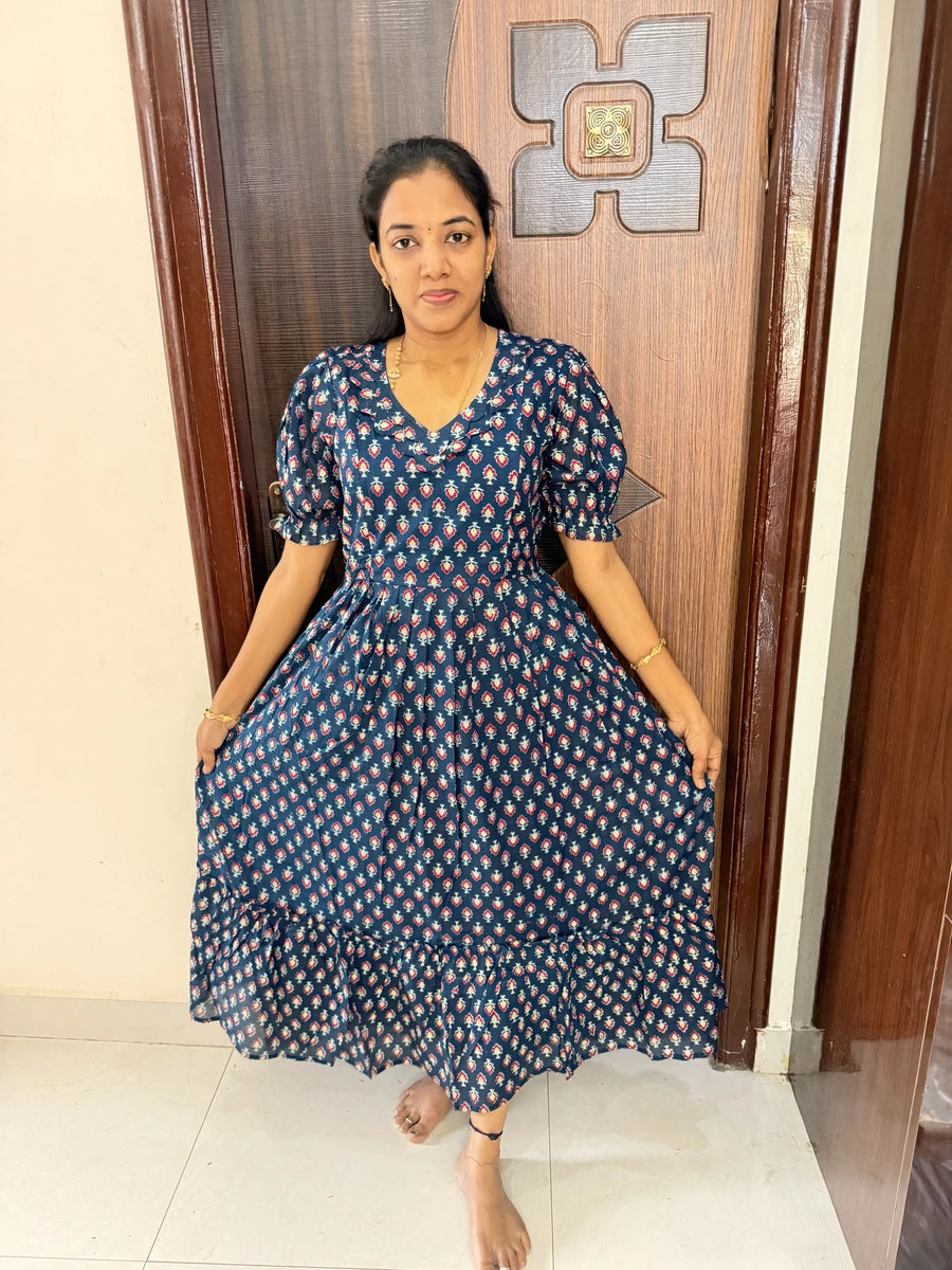 Stylish Cotton Maxi With Full Lining-Navy Blue