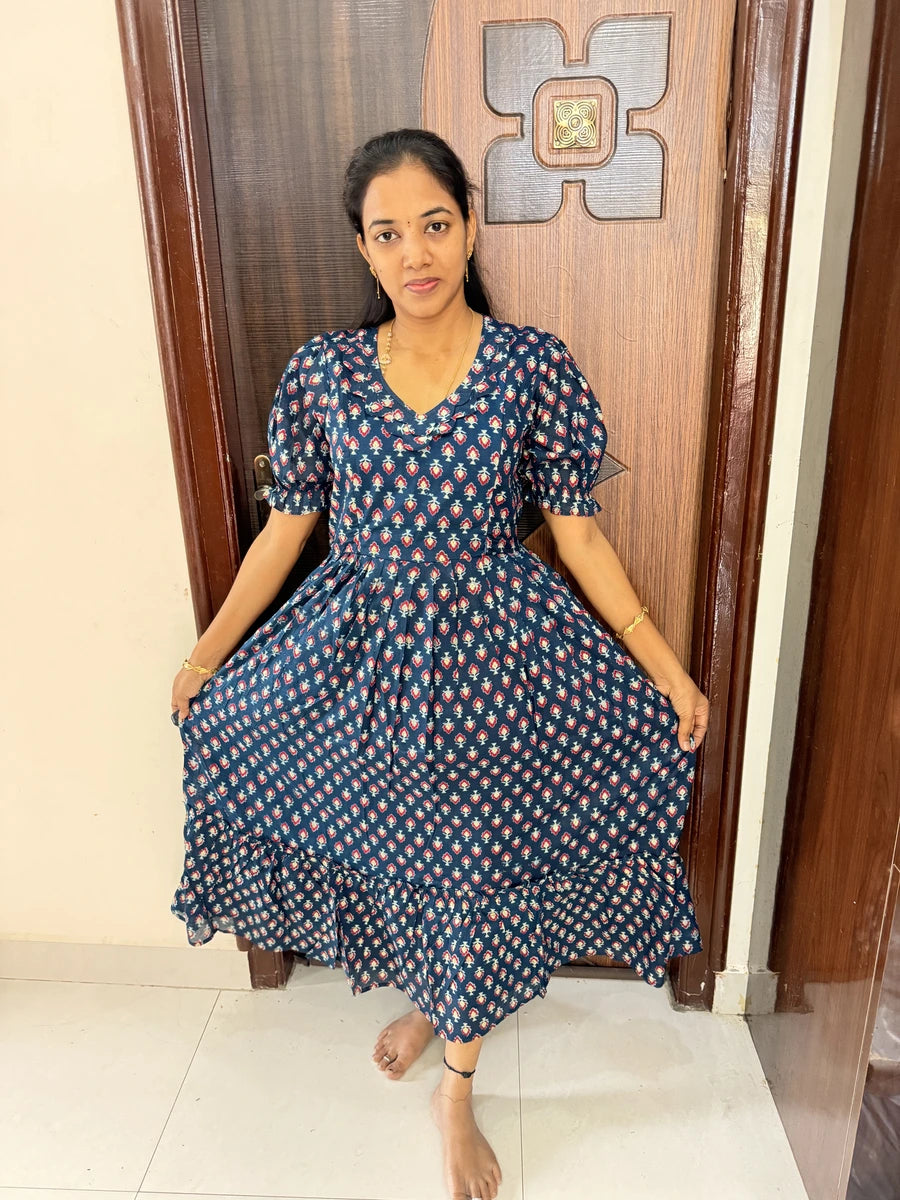 Stylish Cotton Maxi With Full Lining-Navy Blue