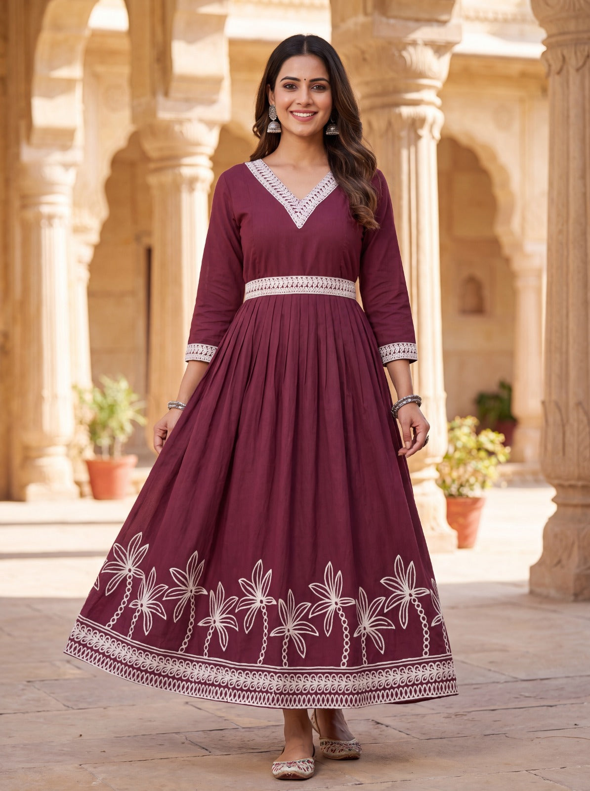 Feeding Dhabu Cotton Maxi With Embroidery Work -Maroon